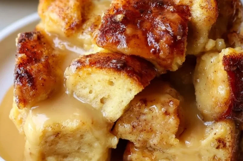 Delicious bread pudding with vanilla caramel sauce drizzled on top.