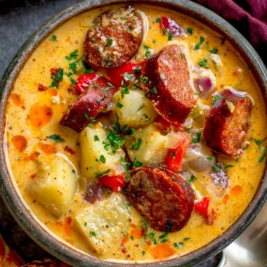 Bowl of hearty Cajun Potato Soup with vegetables and spices
