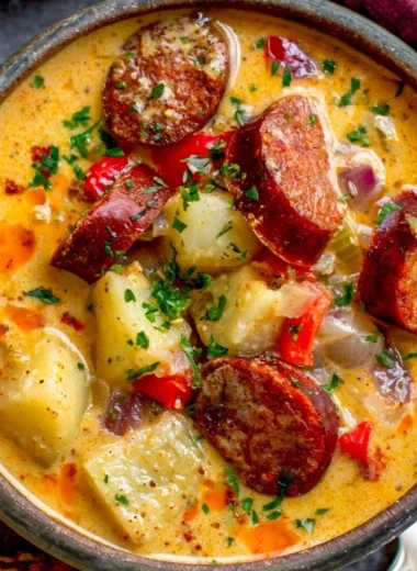 Bowl of hearty Cajun Potato Soup with vegetables and spices