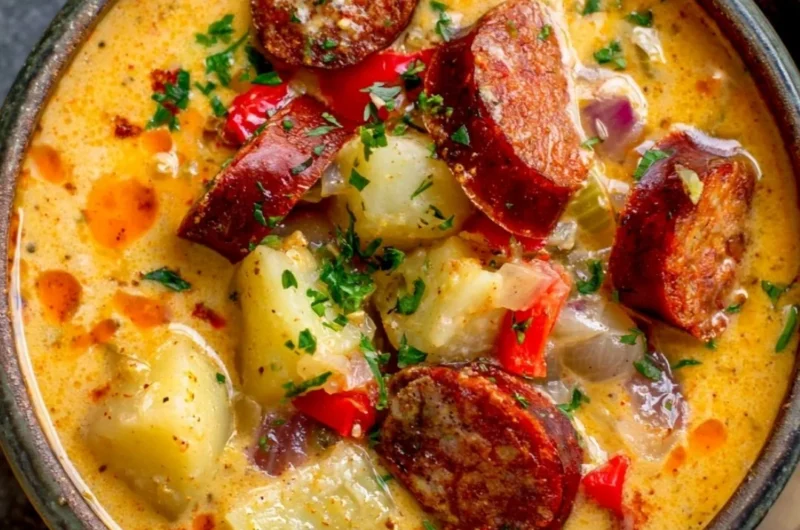 Bowl of hearty Cajun Potato Soup with vegetables and spices