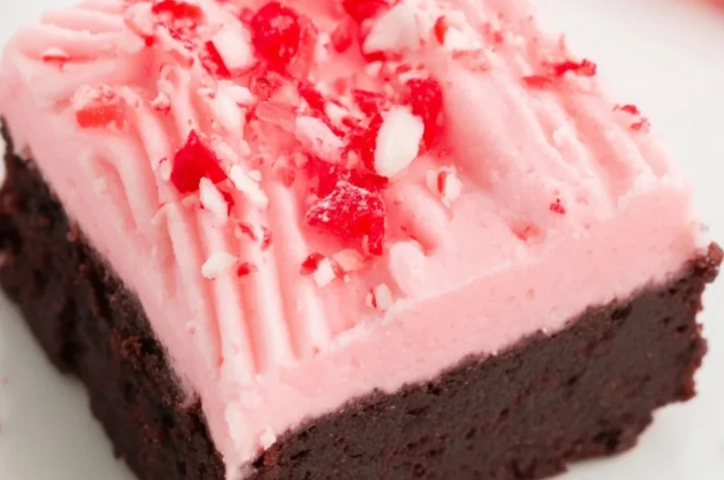 Decadent Candy Cane Brownies decorated with crushed candy canes for Christmas