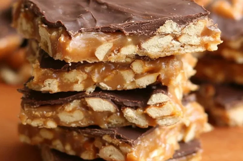 Delicious homemade Chocolate Caramel Pretzel Bars with layered chocolate and caramel