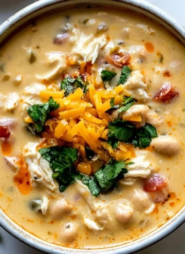 Bowl of creamy Southwestern white chicken chili garnished with cilantro and jalapeños