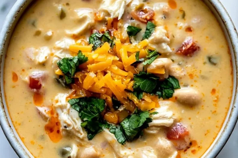 Bowl of creamy Southwestern white chicken chili garnished with cilantro and jalapeños