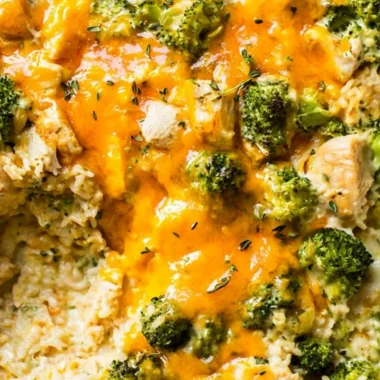 Delicious chicken broccoli rice casserole ready to serve in a one-pan meal.