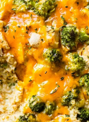 Delicious chicken broccoli rice casserole ready to serve in a one-pan meal.