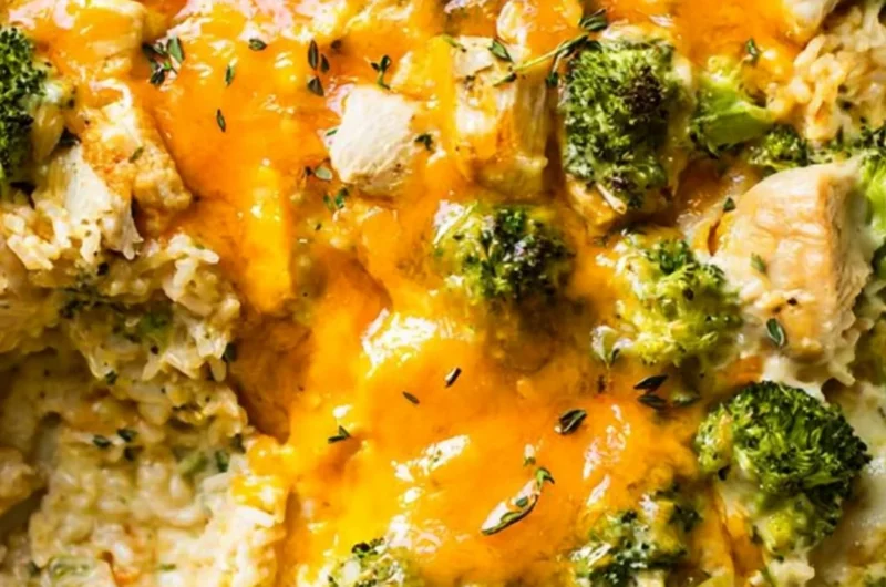 Delicious chicken broccoli rice casserole ready to serve in a one-pan meal.