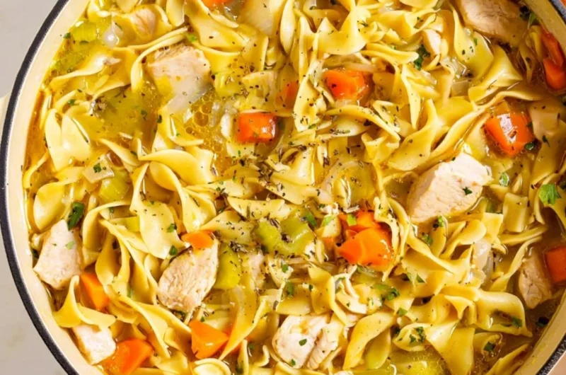 Bowl of Dutch Oven Chicken Noodle Soup with fresh herbs and vegetables