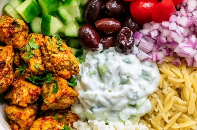 High-protein chicken gyro bowls with fresh vegetables and tzatziki sauce