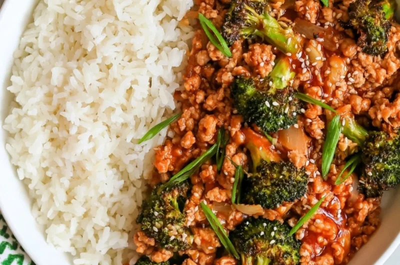 Spicy Firecracker Ground Chicken dish served with vegetables on a plate.
