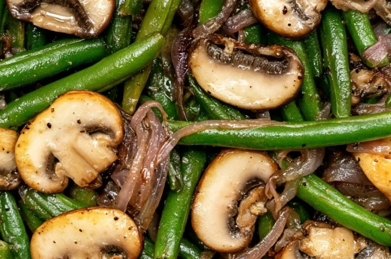 Sautéed green beans with mushrooms in a skillet, garnished with herbs.