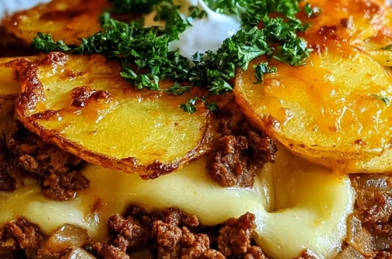 Healthy loaded beef and potato bake served for dinner