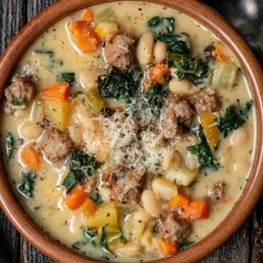 Bowl of high protein white bean soup with garnishes