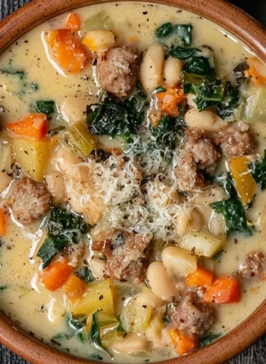 Bowl of high protein white bean soup with garnishes