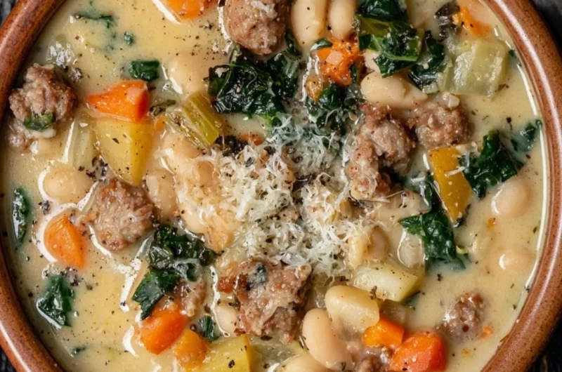 Bowl of high protein white bean soup with garnishes