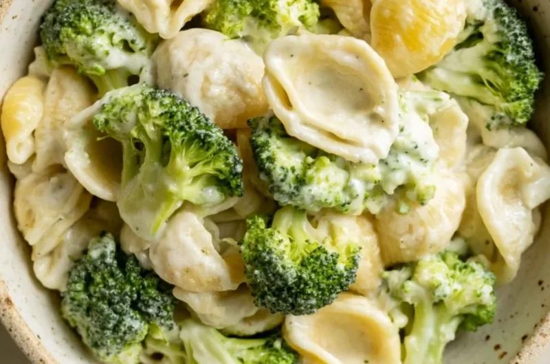 One Pot Broccoli Pasta served in a bowl with a sprinkle of parmesan