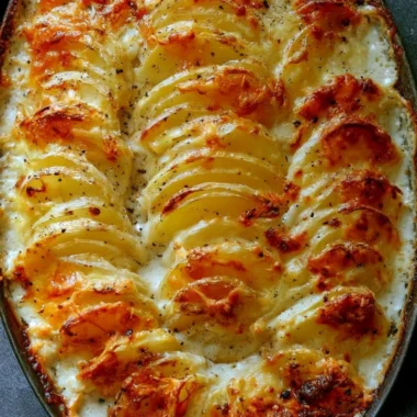 Delicious Potatoes Au Gratin topped with melted cheese and creamy sauce