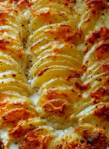 Delicious Potatoes Au Gratin topped with melted cheese and creamy sauce
