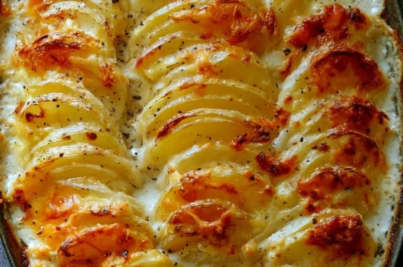 Delicious Potatoes Au Gratin topped with melted cheese and creamy sauce