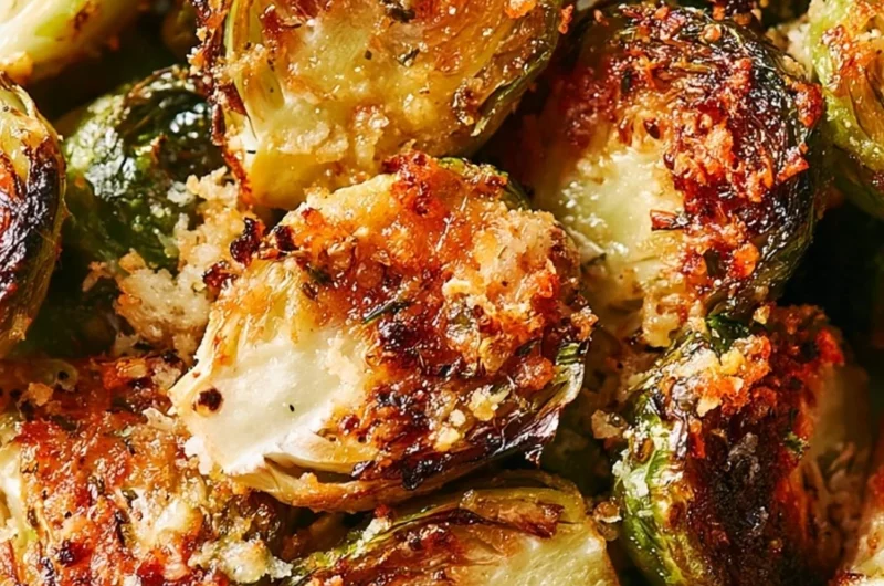 Plate of roasted Brussels sprouts with Parmesan cheese sprinkled on top.