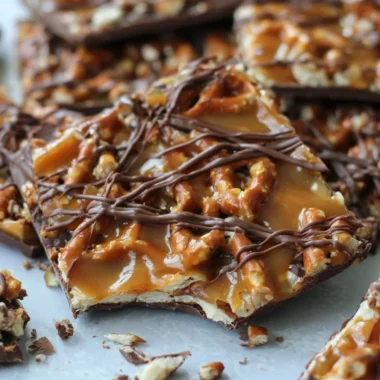 Delicious salted caramel pretzel bark with crunchy pretzels and rich caramel