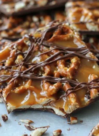 Delicious salted caramel pretzel bark with crunchy pretzels and rich caramel