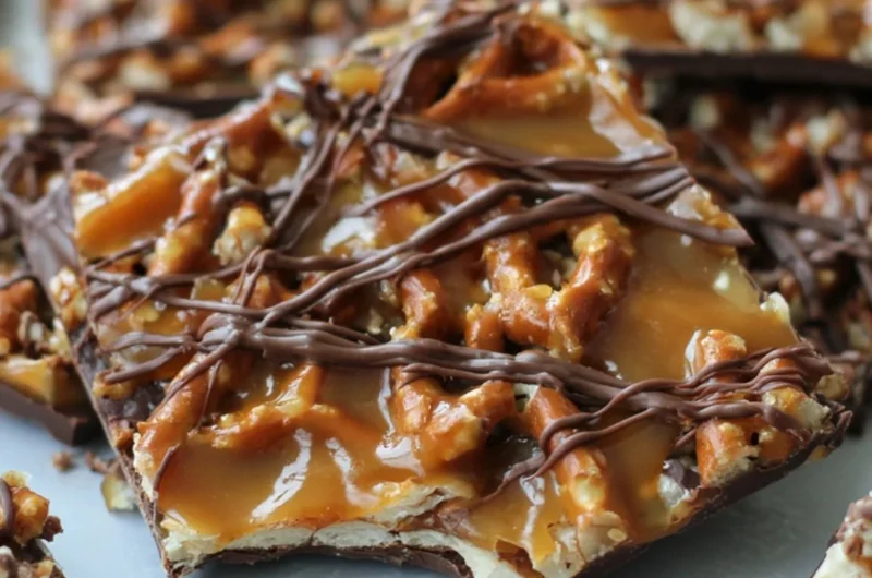 Delicious salted caramel pretzel bark with crunchy pretzels and rich caramel
