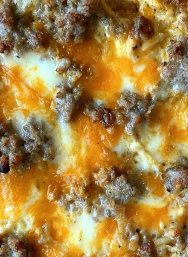 Sausage Hashbrown Breakfast Casserole served in a dish for breakfast