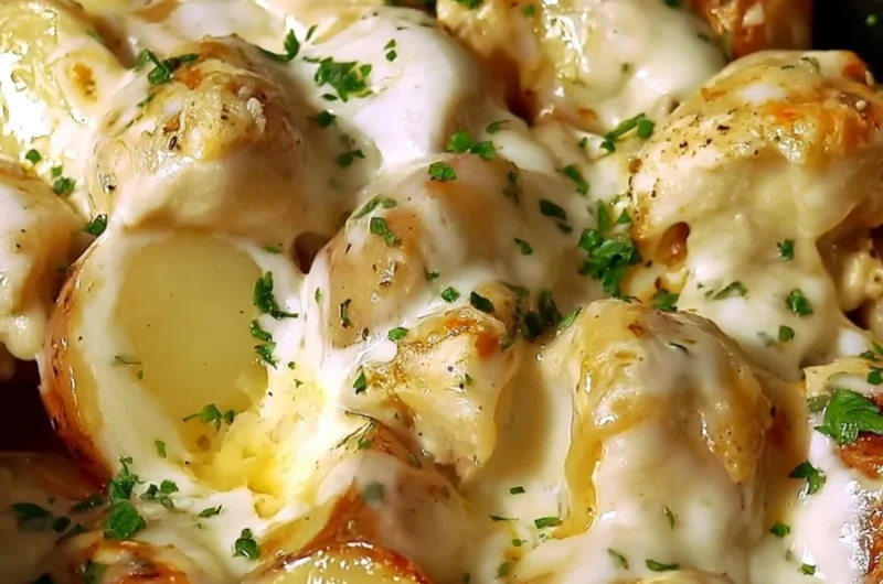 Slow Cooker Parmesan Garlic Chicken served with seasoned potatoes