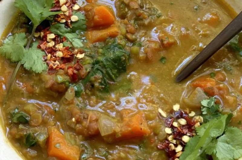 Bowl of Sweet Potato Lentil Stew topped with fresh herbs
