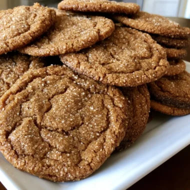 Plate of homemade old-fashioned molasses sugar cookies fresh out of the oven.
