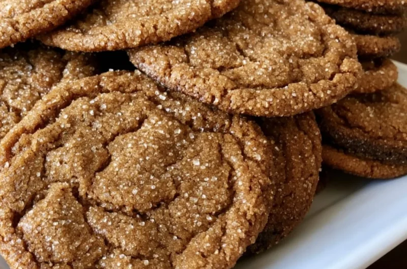 Plate of homemade old-fashioned molasses sugar cookies fresh out of the oven.