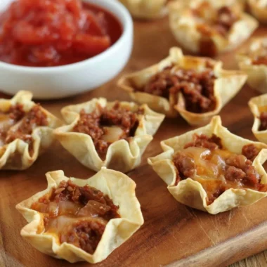 Crispy tortilla nacho cups filled with cheese and toppings