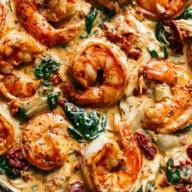 Tuscan Shrimp dish featuring spinach, artichokes, and sun-dried tomatoes