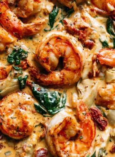 Tuscan Shrimp dish featuring spinach, artichokes, and sun-dried tomatoes