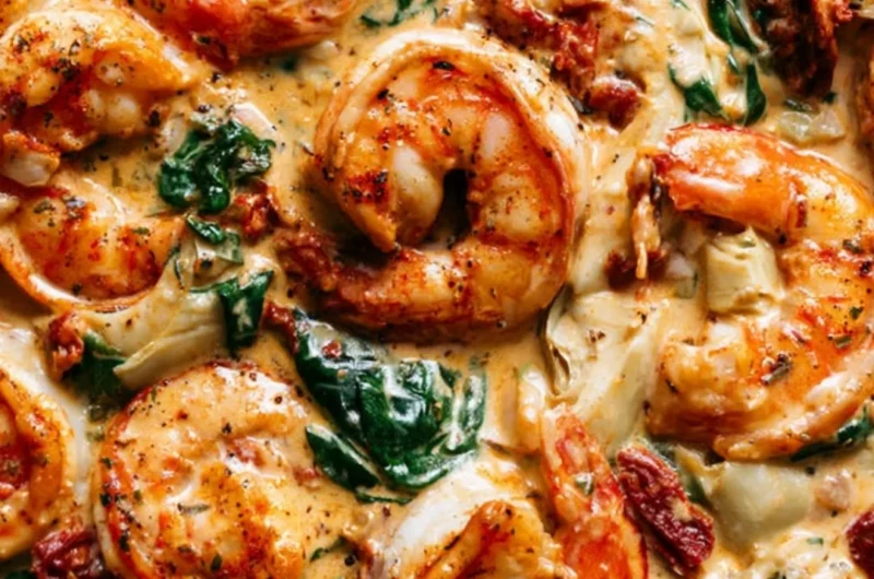 Tuscan Shrimp dish featuring spinach, artichokes, and sun-dried tomatoes