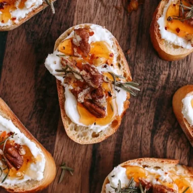 Delicious whipped feta crostini drizzled with hot honey on a wooden platter