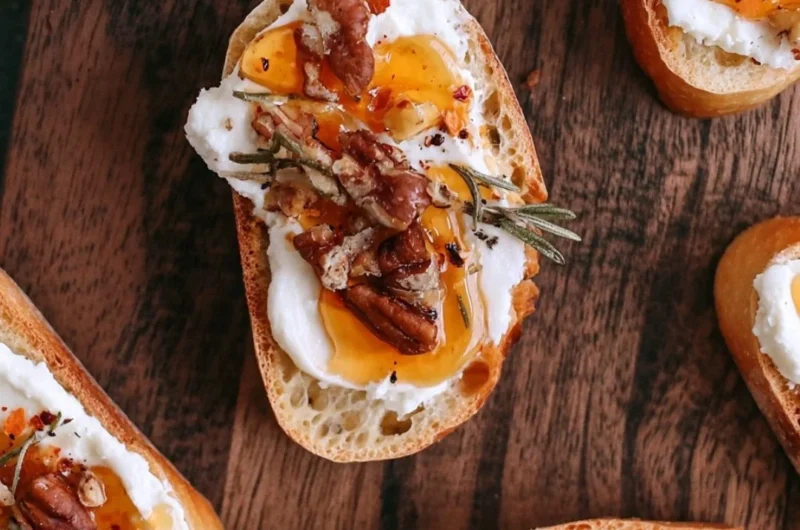 Delicious whipped feta crostini drizzled with hot honey on a wooden platter